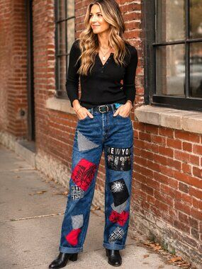 Upcycled Patchwork Jeans High Waisted New York Theme Sequined Denim Pants Size 6